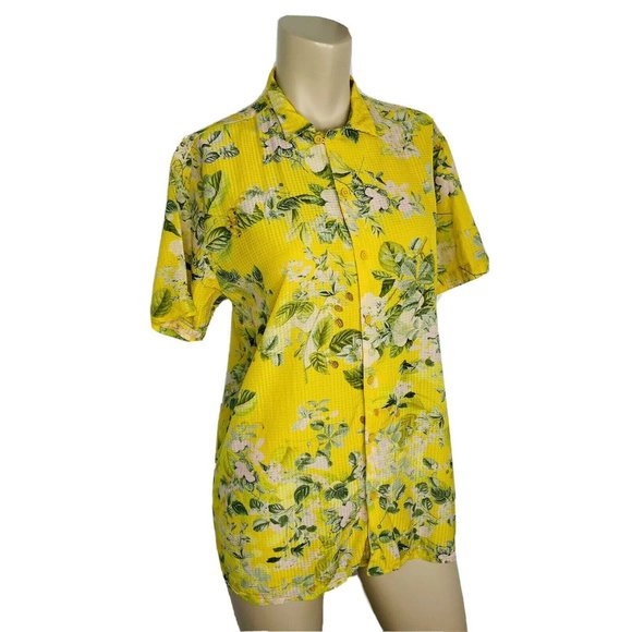 HEMANT & NANDITA Women's Yellow Floral Button Up Shirt S Short Sleeve Summer Top - Picture 3 of 7
